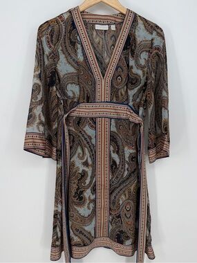 New York & Co Paisley Boho Shift Dress Blue Brown Belted Whimsigoth Cottagecore
